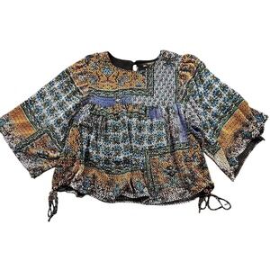 Zara Trafaluc Boho Patchwork Crop Blouse Bell Sleeve Peasant Top L Multicolor
